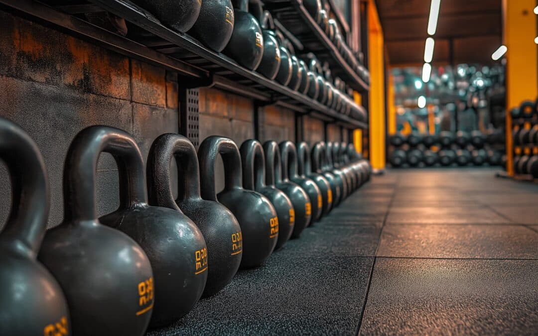 Kettlebells står uppradade på golvet i ett gym.